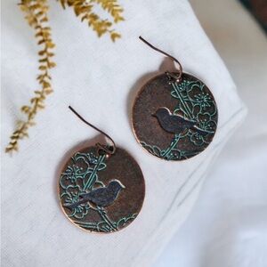 🌸Whimsical Bohemian Patina Earrings with Stamped Bird